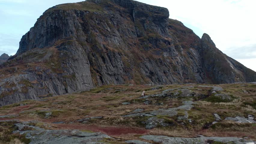 Extreme long aerial shot of a woman walking across a grassy plateau. The camera pans quickly to reveal the surrounding rocky landscape and a short mountain in the background.