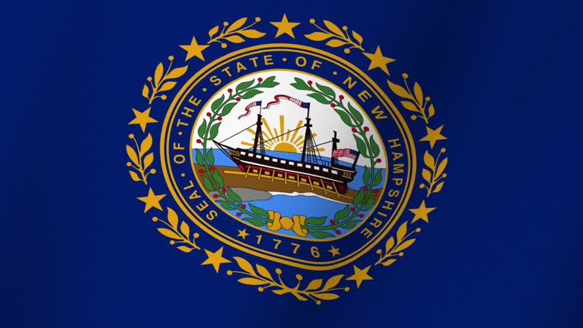 New Hampshire State Flag Emblem with Sailing Ship and Sunburst on Blue Background