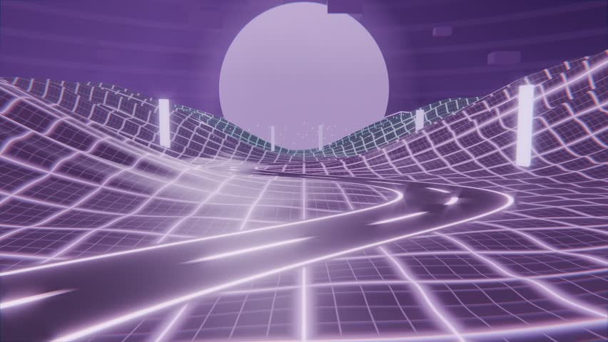 Moving camera pushing glossy winding neon road over luminous-grid in neon scene toward horizon disc. Retro, futuristic, purple, magenta, glow, grid, pillars