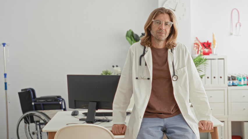 Man doctor with stethoscope arms crossed leaning on desk with computer and wheelchair in doctor