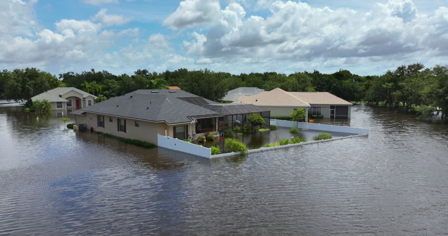 Tropical rainstorm flooded residential homes in suburban community in Florida. Hurricane aftermath