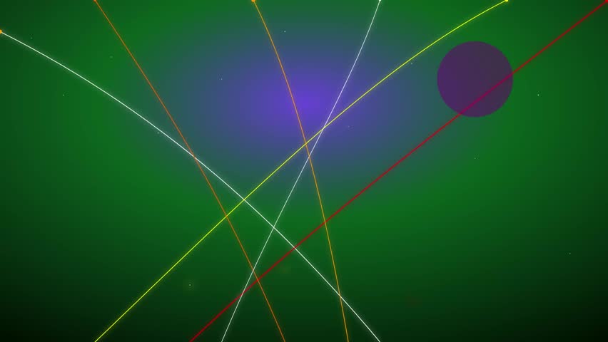 This abstract vector illustration features intersecting colored lines and geometric shapes on a gradient green and purple background, suitable for digital design elements.