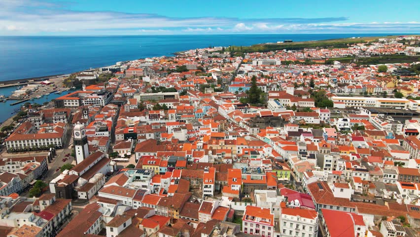 Rooftops and historic church tower aerial view in Ponta Delgada