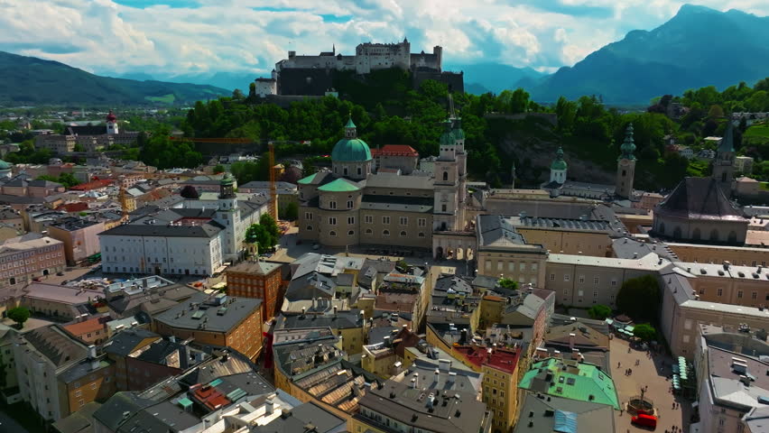 Aerial view of Austrian city of Salzburg is the birthplace of the famous composer Mozart