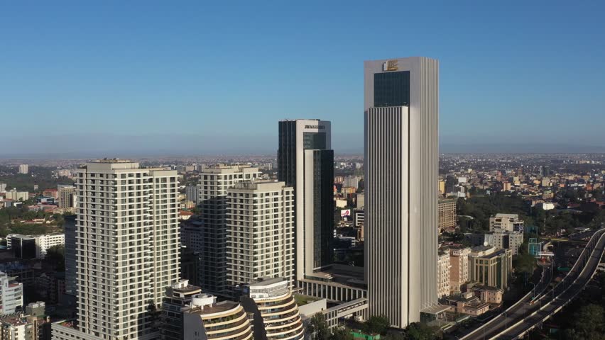 Aerial view of modern skyscrapers and office buildings in the Westlands district of Nairobi, Nairobi County, Kenya.
