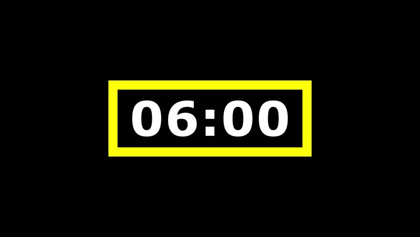 Bold white digital numbers displaying six minute countdown on black background. Yellow rectangular frame outlines dynamic clock footage.