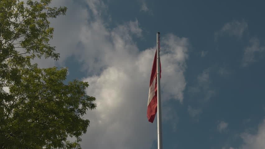 Red white flag on tall pole beside leafy tree against blue sky and drifting clouds