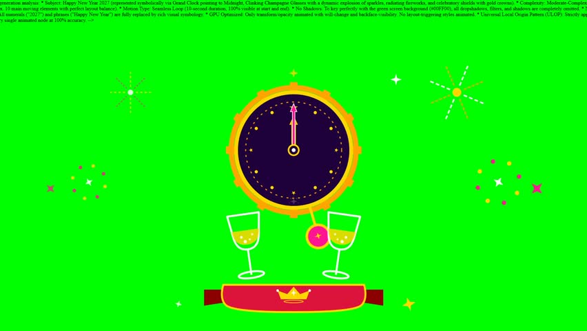 Happy New Year midnight celebration clock with champagne glasses on green