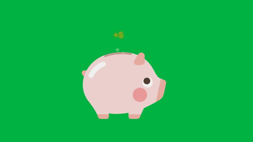Piggy bank savings animation with gold coin dropping inside on green screen chroma background