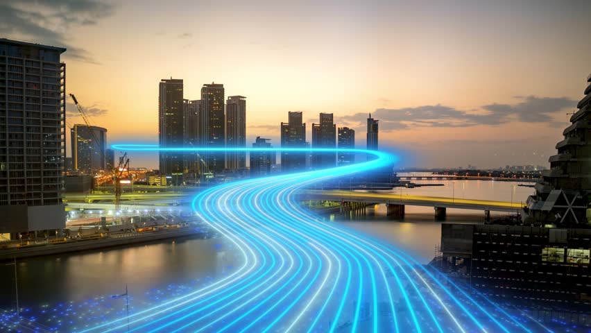 Abu Dhabi skyline at dusk features glowing blue digital data streams flowing across urban waterways, highlighting smart city development and digital transformation - timelapse