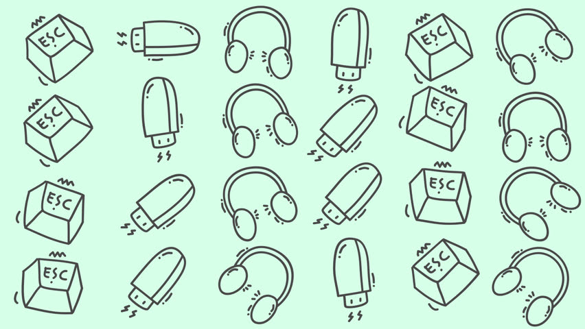 Hand-drawn doodles of tech gadgets on transparent background. Headphones and USB drives shaped like quirky icons. Each item drawn in simple, sketchy style