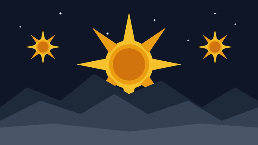 A vector design featuring a night sky with 3 large suns and 6 smaller stars above a mountain range.