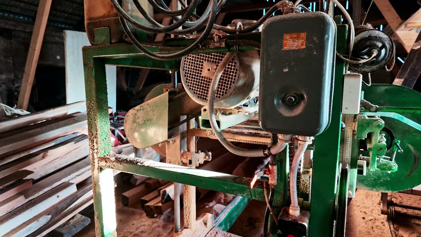 Industrial band saw machine with a sharp blade processing a large log in a woodworking factory