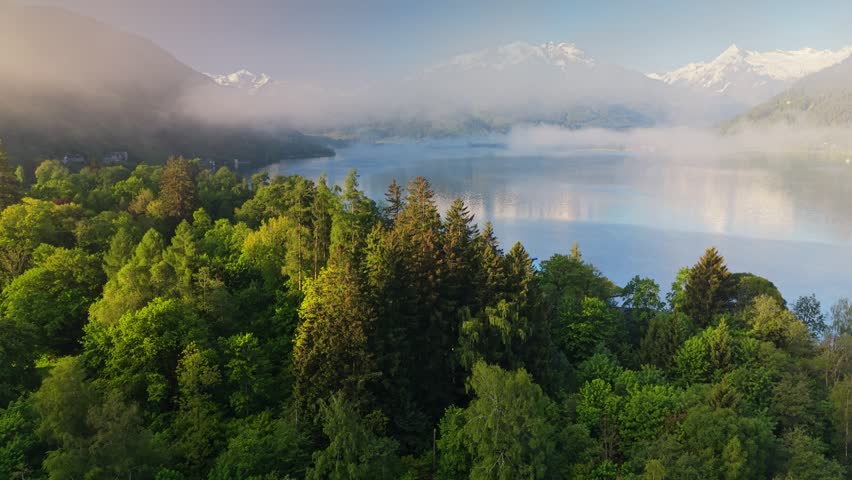 Spectacular aerial view of fog over Zell am See alpine lake, golden sunrise illuminating green forest and snow peaks in Austria. Misty morning foggy lake landscape 