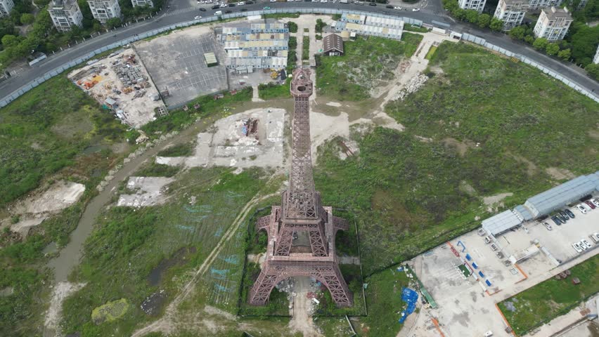 Aerial View of Hangzhou’s "French City" is Tianducheng (天都城), a massive residential development in the Linping District designed as an exact replica of Paris. Drone Raw shot.