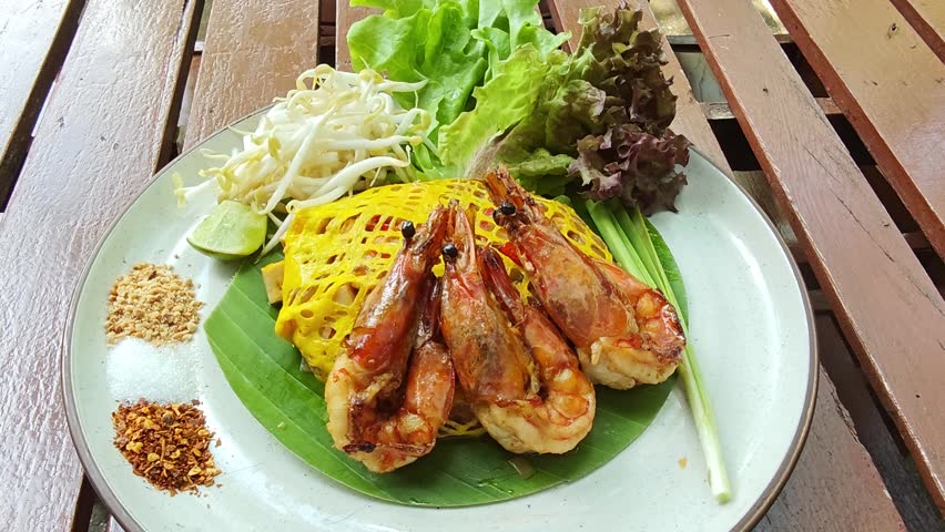 Pad Thai with fresh shrimp—stir-fried noodles with seasonings and fresh shrimp.