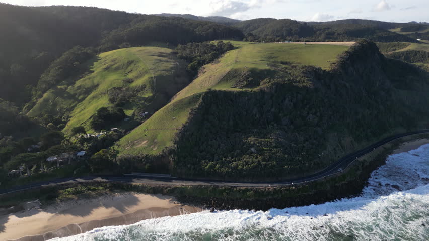 Aerial view of nature landscapes on Great Ocean Road Australia. Hills and mountains highway along the southern ocean, travel and tourism in Victoria.