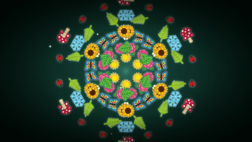 Nature kaleidoscope mandala with flower leaf butterfly and mushroom in symmetric pattern