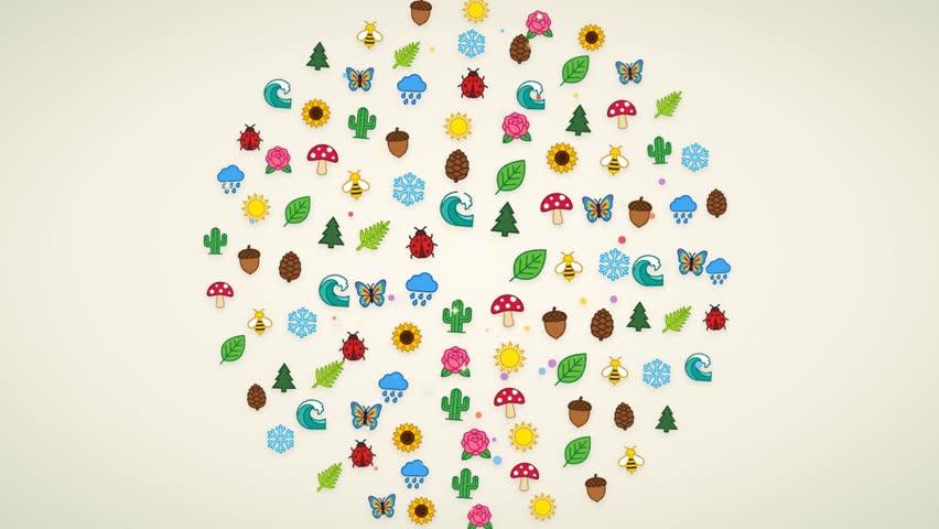 Nature and seasons icons forming a circle with leaf flower butterfly and weather symbols