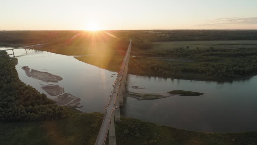Aerial establishing shot of High Trestle Trail Bridge in central Iowa