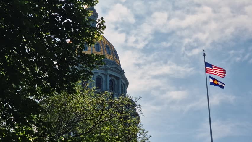 Colorado State Capitol Building Dome, American National and State Flags on Sunny Summer Day, Denver USA