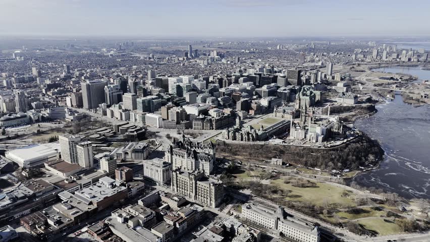 Aerial view of the capital Parliament under renovation the skyline of downtown Ottawa.