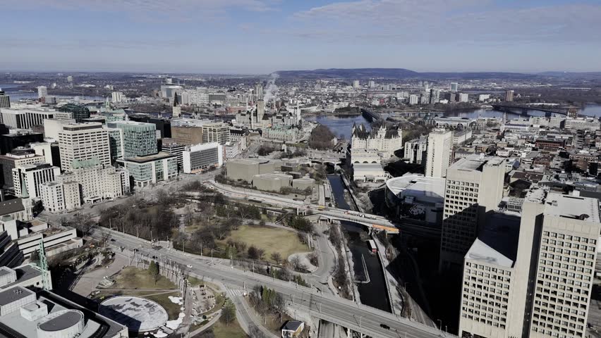 Aerial view of the capital Parliament under renovation the skyline of downtown Ottawa.