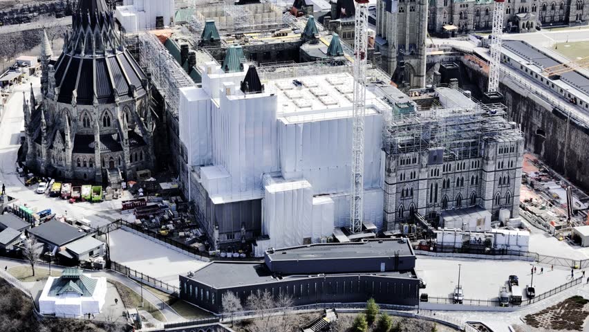 Aerial view of the capital Parliament under renovation the skyline of downtown Ottawa.