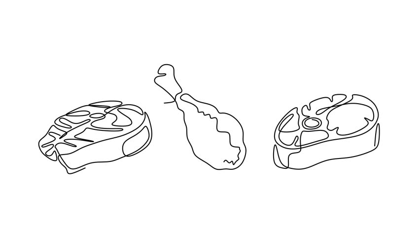 Animated self drawing of continuous line draw of  Line art depiction of meat cuts steak chicken leg and chop.  Full length one line animation. 4K  