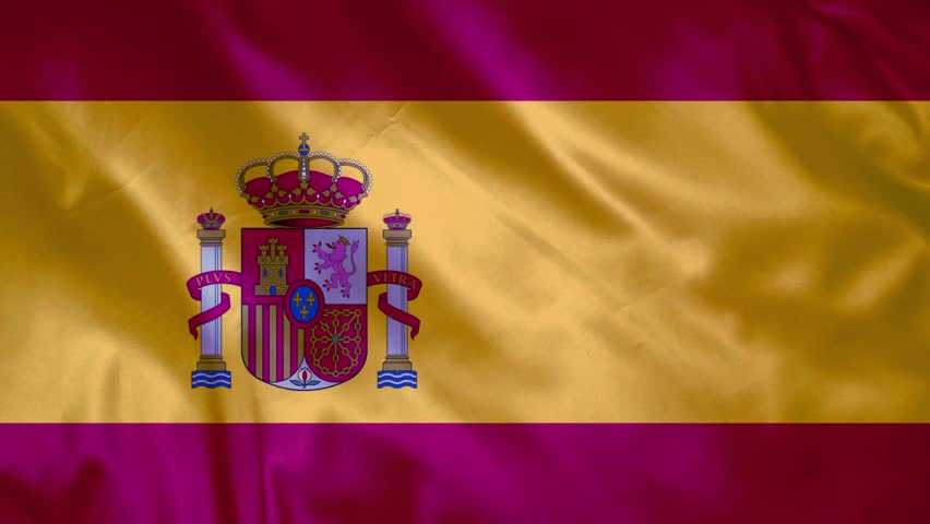Waving Spanish Flag with Coat of Arms Detailed Fabric Texture and Royal Crown Symbol