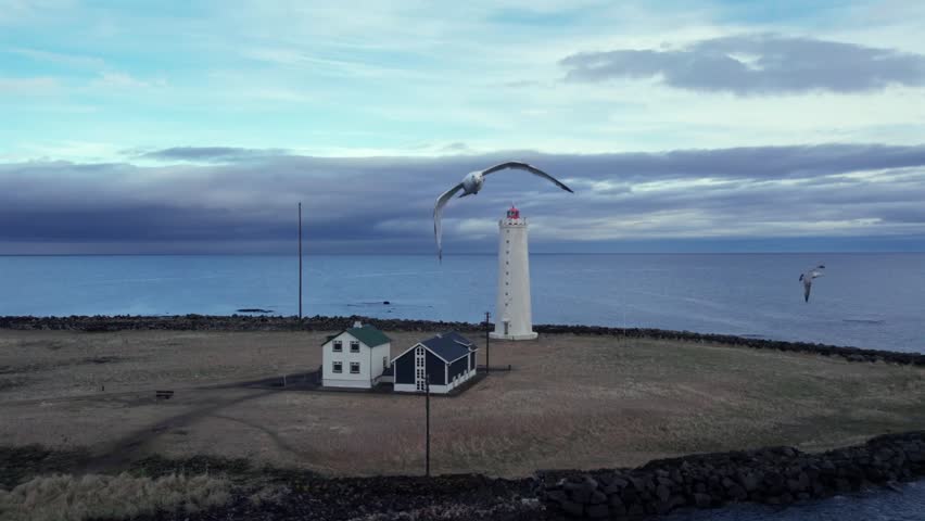 Aerial view of the historic Grotta lighthouse on the Seltjarnarnes peninsula near Reykjavik, Iceland, with seagulls flying over it