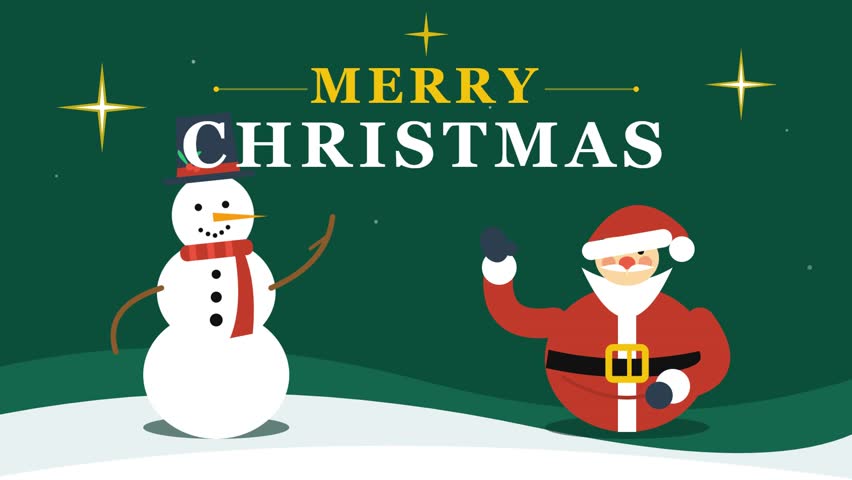 Merry Christmas Animation with Santa Claus and Snowman Waving Hello