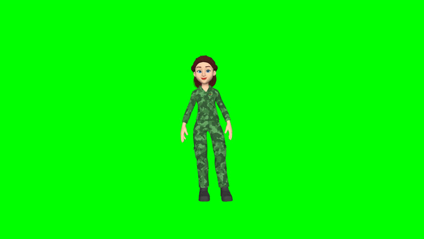 Alice Soldier Funny Face Character on Green Screen | Playful military professional character showing humorous facial expression, isolated chroma key footage for advertising, education, entertainment projects, presentations, and creative visual content requiring a cheerful army themed personality.