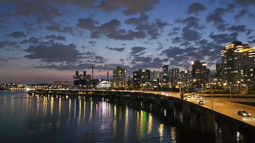 Beautiful night view of Han River and city skyline in Seoul, South Korea