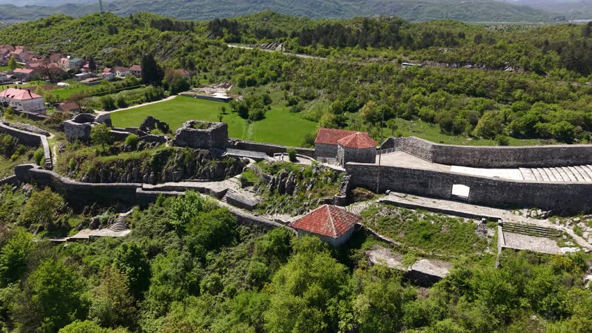 Drone Shot of Medieval Rampart aka Bedem Landmark of Niksic Montenegro and Green Landscape on Sunny Day