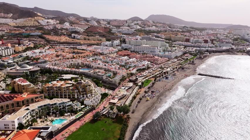 Aerial View of Costa Adeje Beachfront Resorts and Tenerife Coast Spain Sun