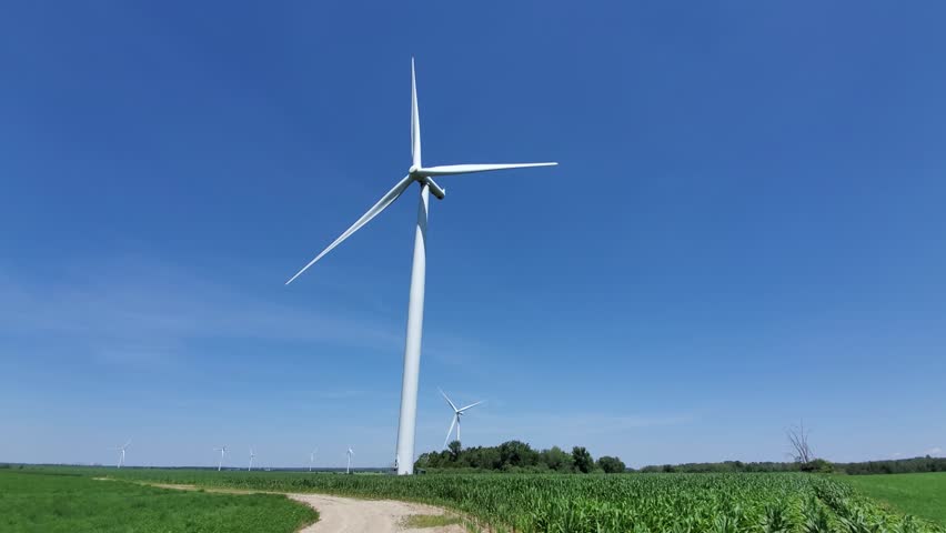 View of a wind turbine at the South Kent Wind Farm surrounded by green cornfields under a clear blue sky in Chatham-Kent, Ontario, Canada.