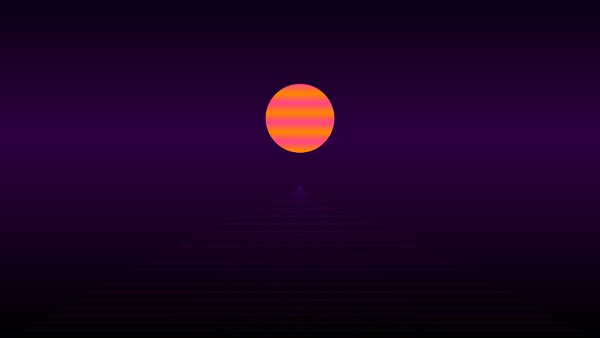 A stylized illustration of a sunset with a large orange sun and purple background
