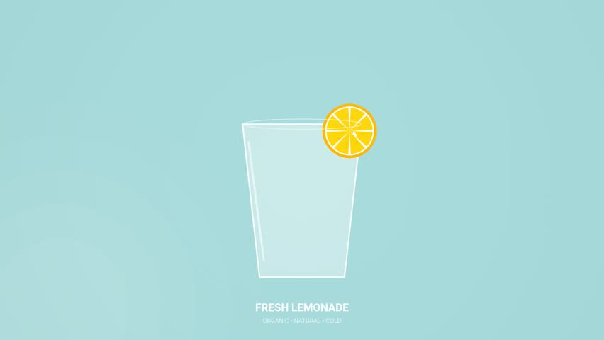 A clean and modern flat vector animation showing fresh yellow lemonade pouring into a clear glass decorated with a lemon slice on a soft blue background.