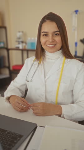 Woman doctor wearing stethoscope smiles with folded arms at desk in building; friendly caring trust.