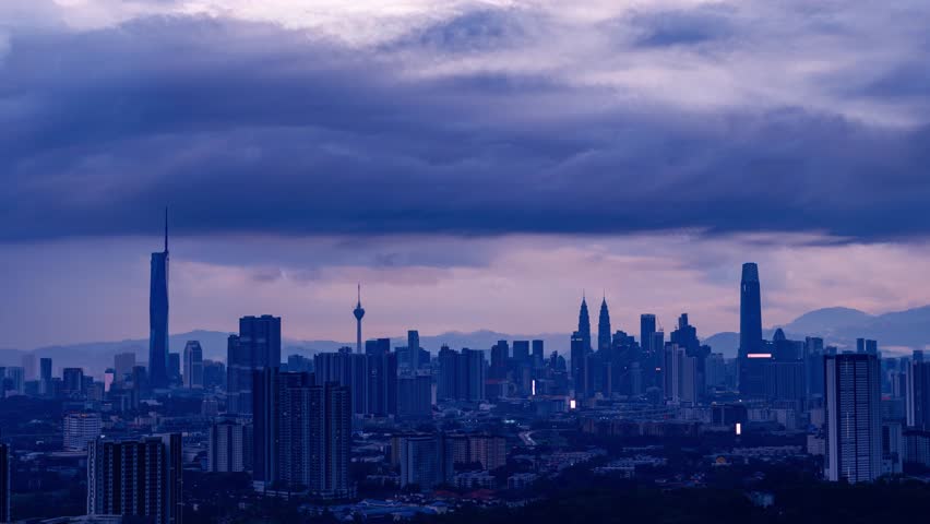 Wide Angle view of Kuala Lumpur cityscape and skyline day to night time lapse background