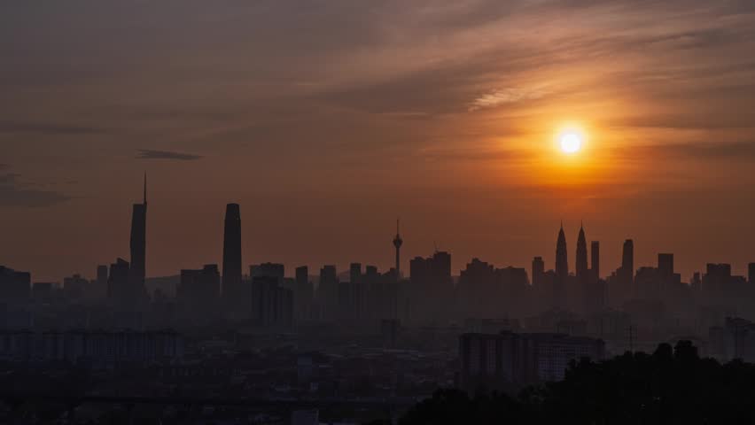 Kuala Lumpur City Skyline featuring sunset behind Petronas Twin Towers in Malaysia at sunset time lapse