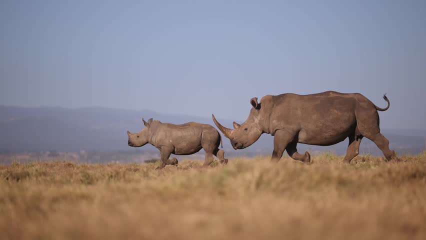 Cinematic Slow Motion Baby White Rhinos Running and Charging with Mother in Wildlife Conservation Area, Family of Rhinos, Endangered Animals on African Safari in Kenya in Africa.