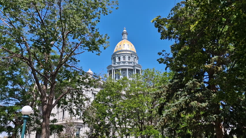 Colorado State Capitol Building Dome on Sunny Day, Denver USA, Historic Landmark Behind Trees