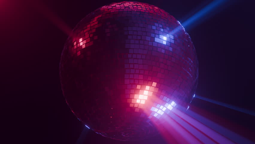 Intense spinning disco ball in fog colorful rays 3d seamless loop animation
