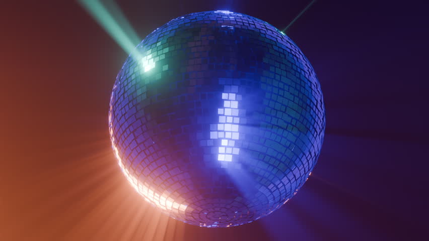 Colorful spinning disco ball in fog emitting rays 3d seamless loop animation