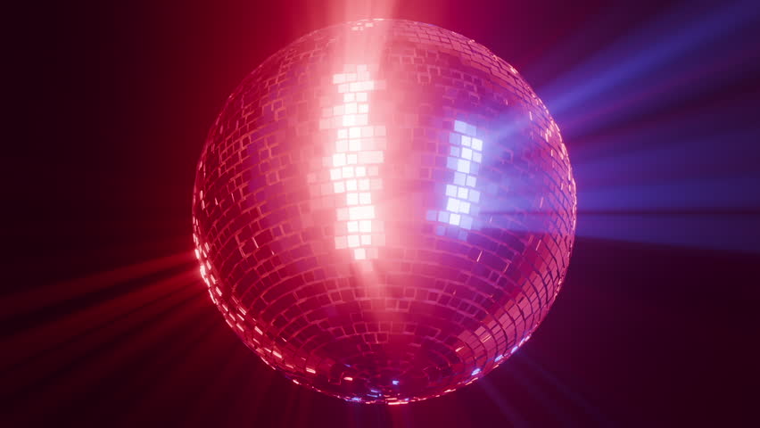Spinning colorful disco ball in fog intense rays 3d seamless loop animation