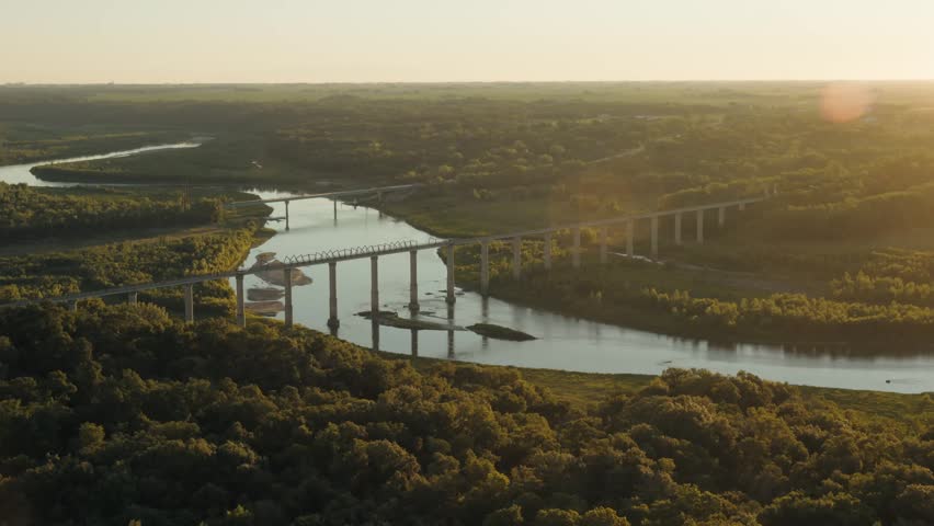 Aerial view of High Trestle Trail Bridge and sweeping Midwest landscape
