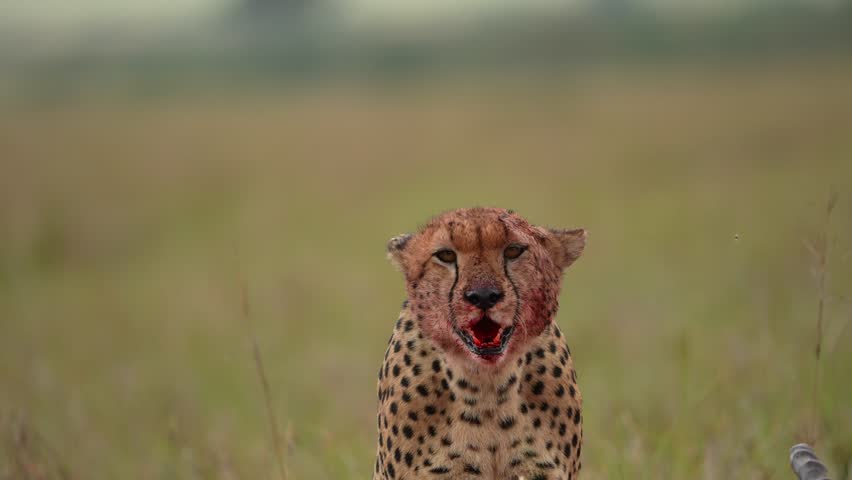 Intense Wildlife Scene Featuring Cheetah With Bloody Mouth and Focused Eyes After Hunt