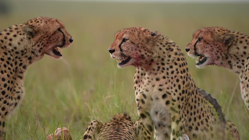 Four Wild Cheetahs Sharing a Successful Kill With Two Feeding and Two Keeping Watch in Natural Habitat